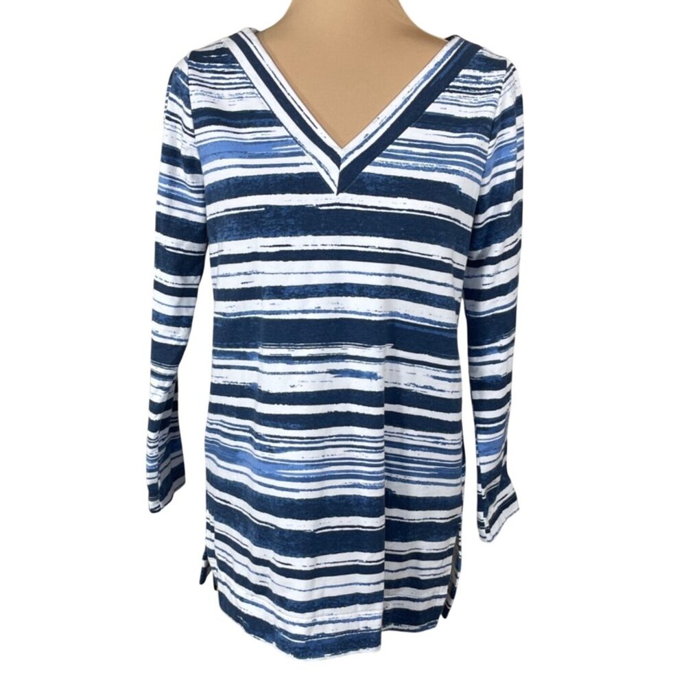 Chico's Zenergy Tunic Top V Neck Back Size Small (0) Blue White Stripe Knit